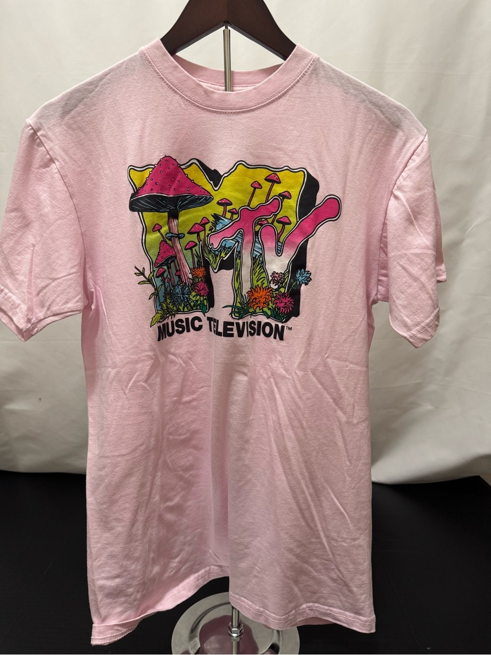 MTV Pink Tee with Yellow & Black Mushroom Graphic adult medium